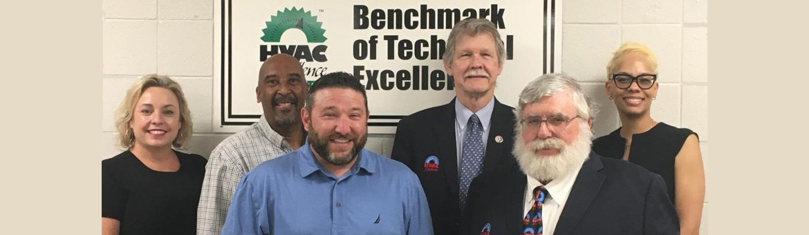 Officials from Baton Rouge Community College pictured with the HVAC Excellence Accreditation Review Board team members during their onsite visit. Pictured (from left) BRCC Vice Chancellor for Academic and Student Affairs Dr. Sarah Barlow, BRCC HVAC Instructor Michael Aguillard, BRCC Program Manager for Technical Education Jayson Purdy, HVACR Accreditation Team Member Dr. James Crisp, HVACR Accreditation Team Member Lem Palmer, and BRCC Dean of Technical and Adult Education Dr. Brandy Tyson.